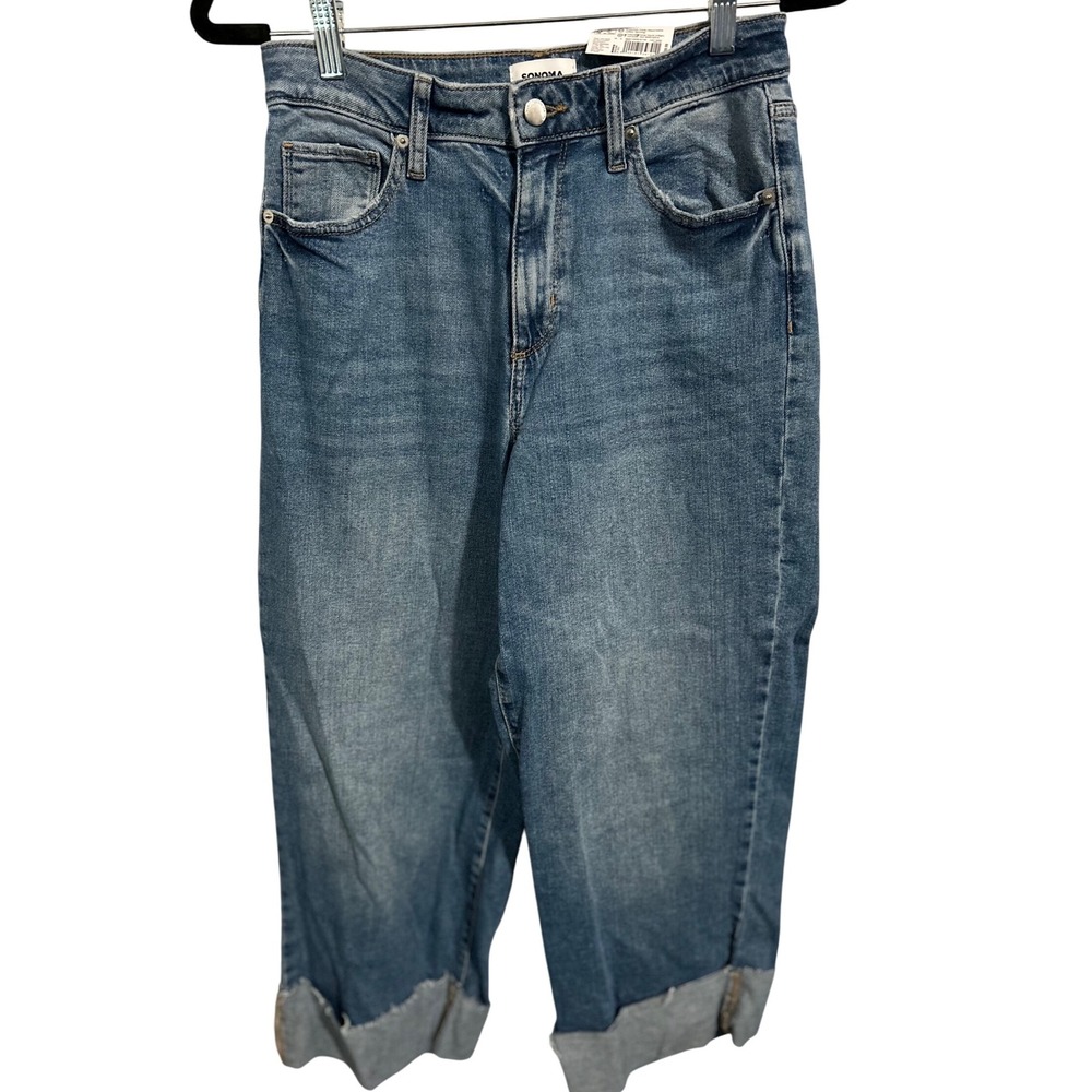 Sonoma High Rise Baggy Wide Leg Cropped Jean Raw Edge Cuffed Leg Womens Sz 8 NWT